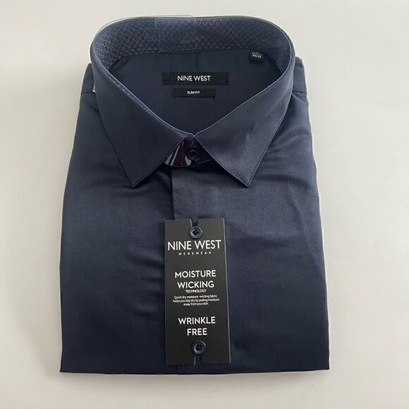 NINE WEST Men's Slim-Fit Wrinkle-Free Stretch DARK NAVY M (15-15 1/2) 32/33 - Picture 13 of 13